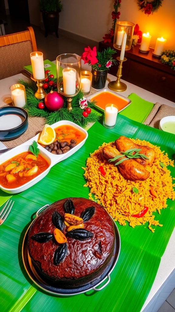 A traditional Kerala Christmas feast with chicken biryani and plum cake on a banana leaf.
